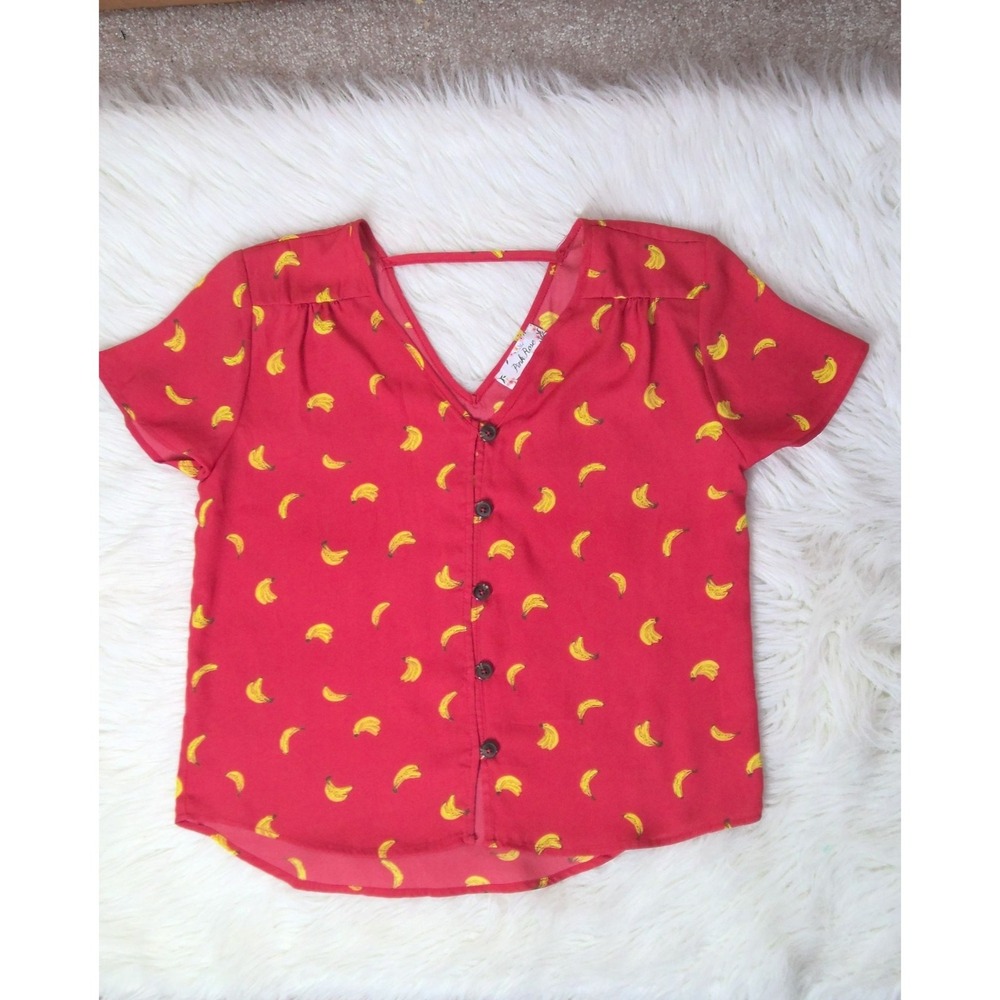 PINK ROSE Top Summer Blouse Yellow Banana Print size Small